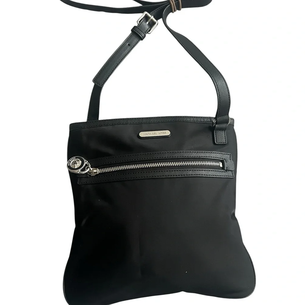 Michael Kors Black Nylon Crossbody Bag Saffiano Leather Trim Silver‎ Hardware